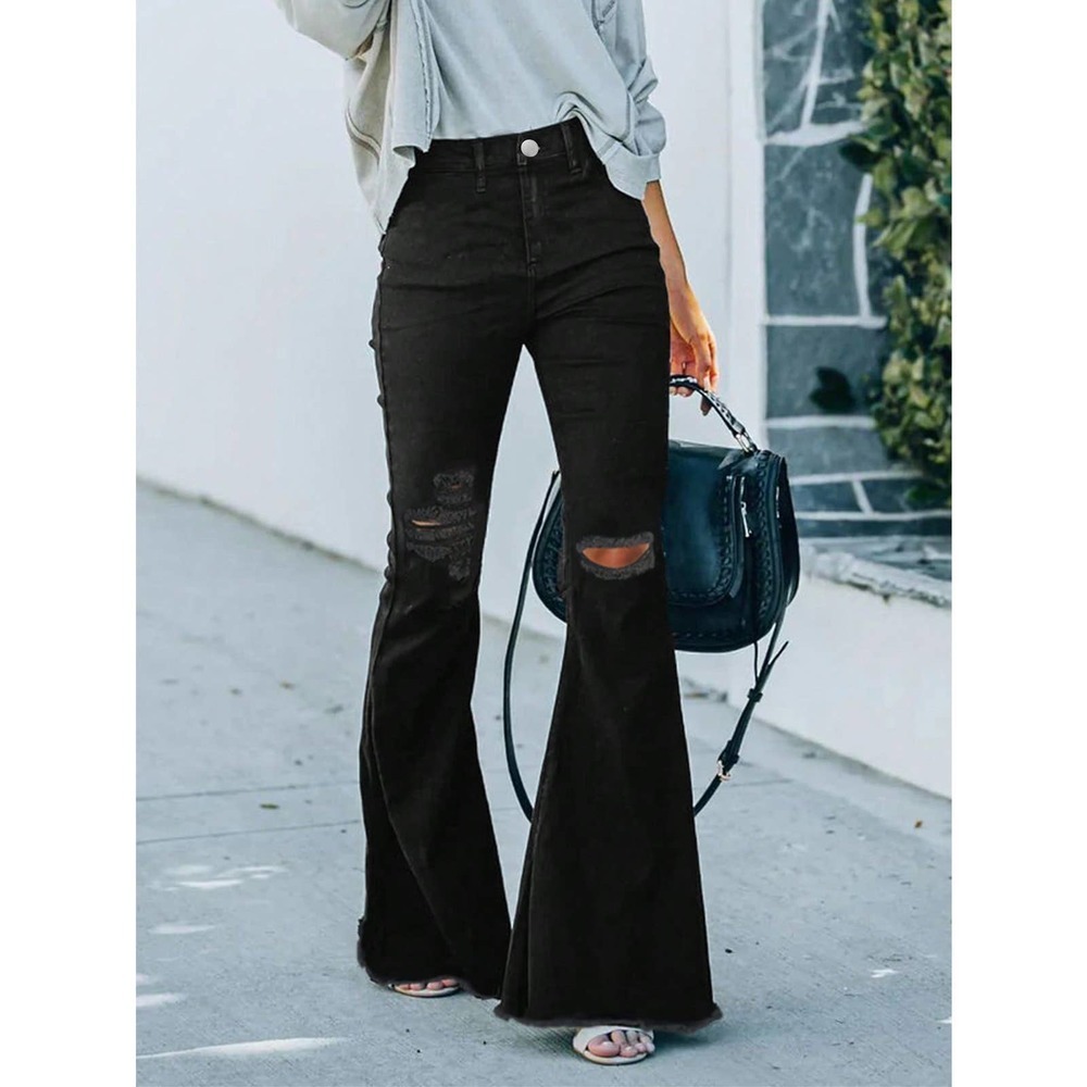 trendy Ripped distressed Raw Hem Flared Jeans black denim - Picture 3 of 5